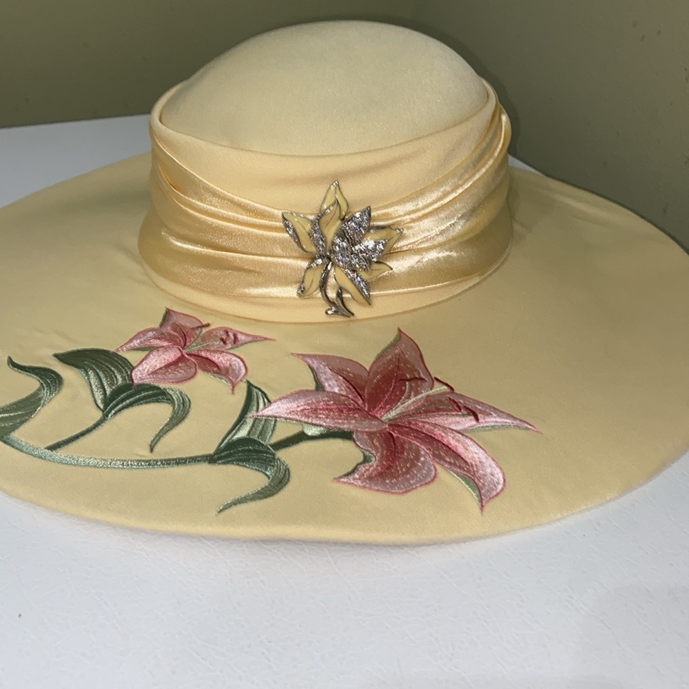 Elegant Pale Yellow Floral Dress / Church  Hat by M L Studio